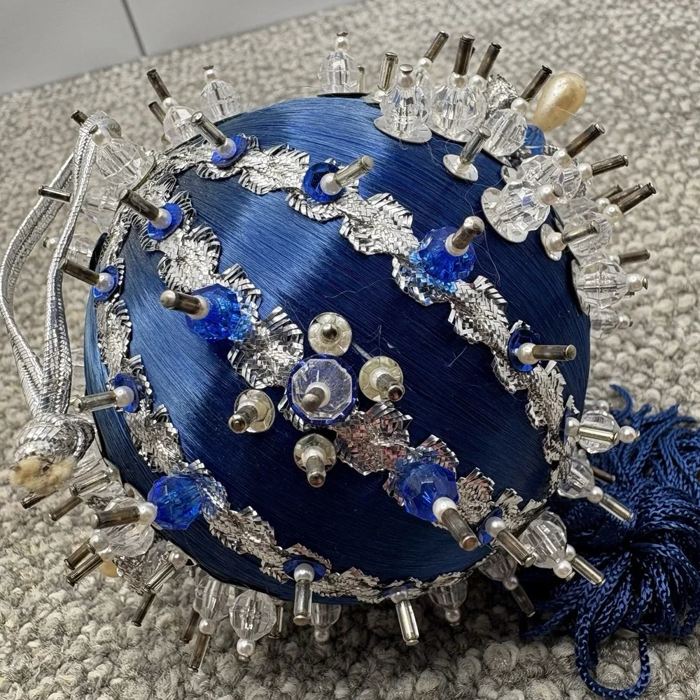 Vtg Silky Blue Christmas Ornament ‎ Pin Satin Beaded With Tassel Unique